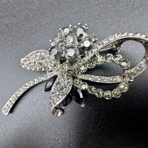Smoky Gray Black Rhinestone Floral Statement Brooch Pin Silver Tone